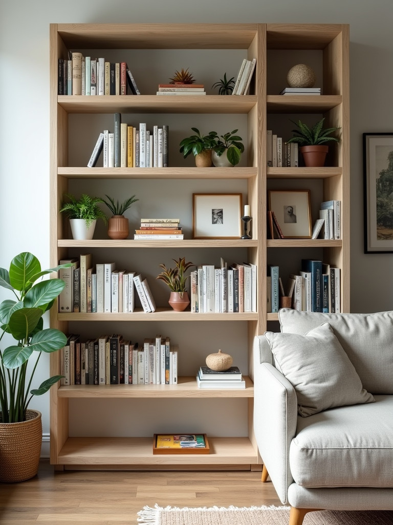 A living room with a well-curated bookshelf