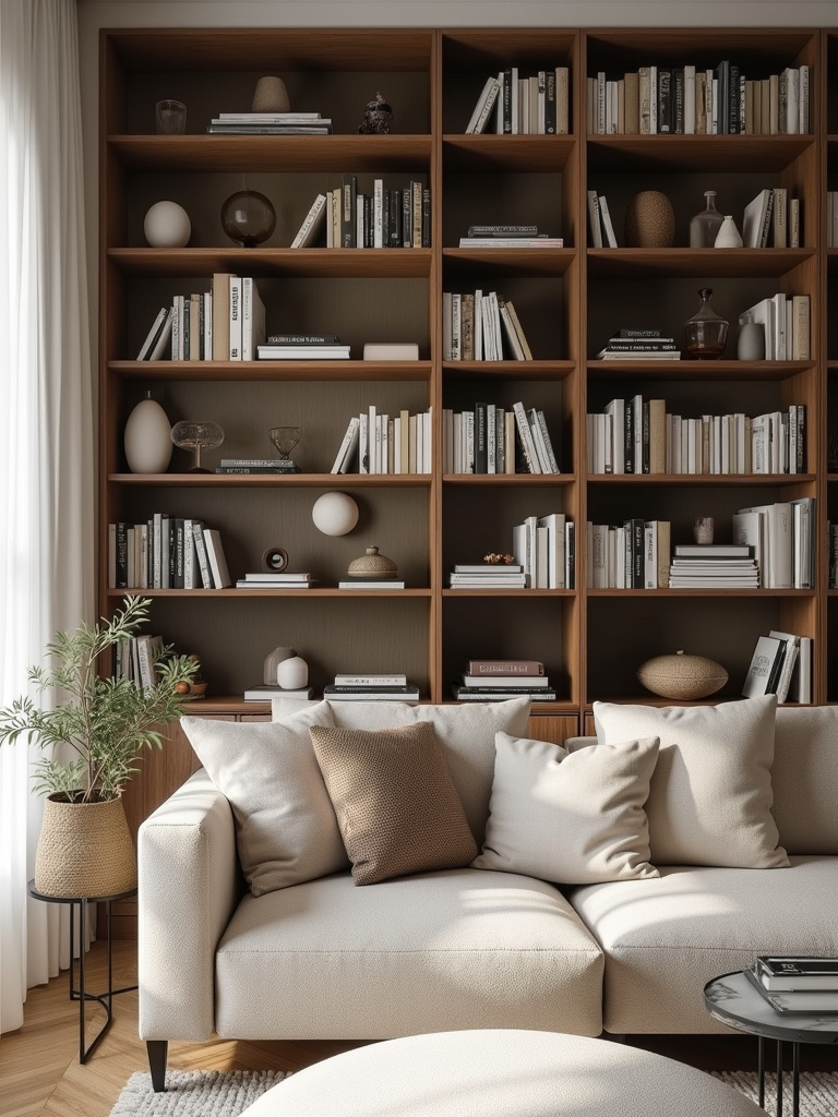 Living room with a styled bookshelf of books and accessories, soft natural lighting, frontal shot.