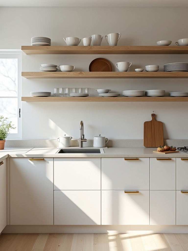 Modern kitchen with open shelves displaying a variety of dishes.