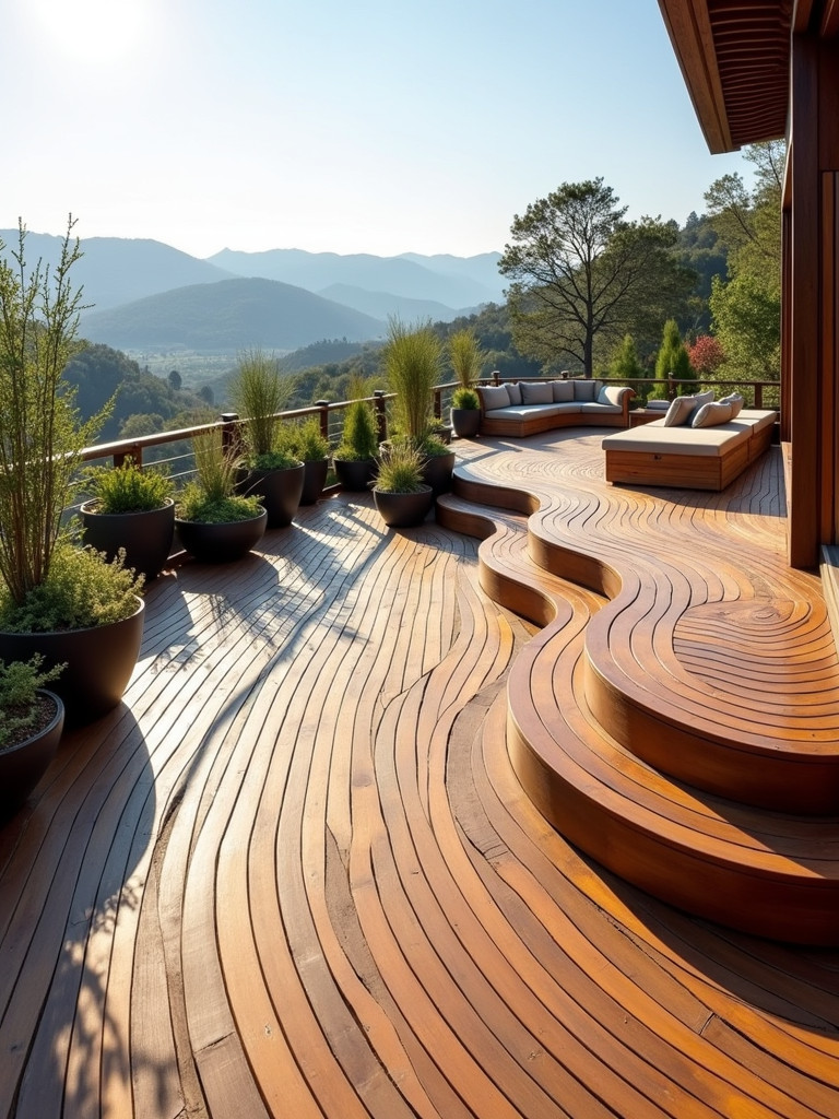 A unique wooden deck with curved edges and organic lines, set against a beautiful landscape background.