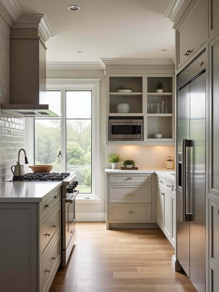A high-end kitchen showcasing custom built-in cabinetry and various appliances.