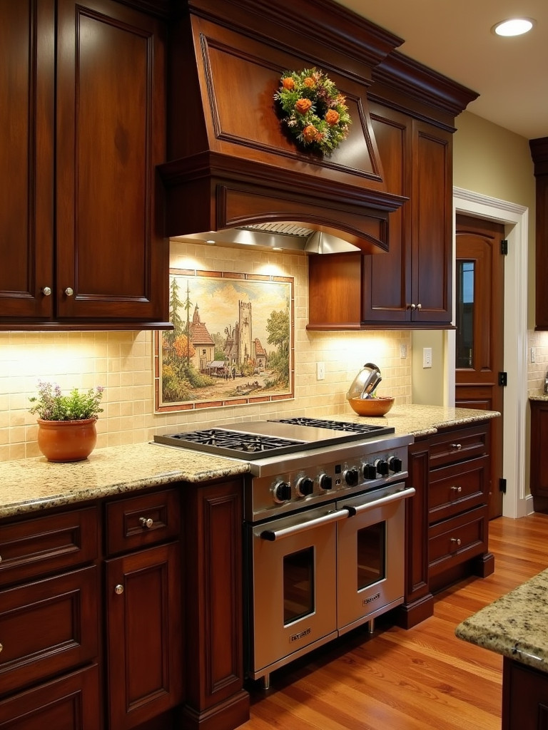 A traditional kitchen with a custom designed tile mural backsplash, creating a unique and artistic focal point with warm lighting