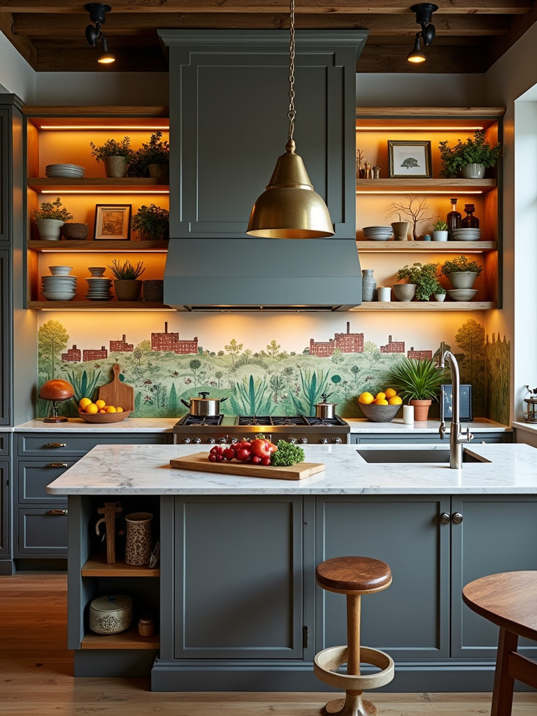 An eclectic kitchen featuring a hand-painted mural backsplash and open shelving with art