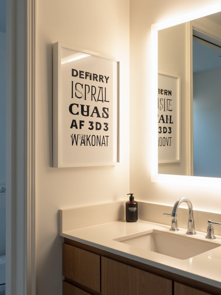 A custom typography design artwork displayed next to a mirror in a well lit bathroom.