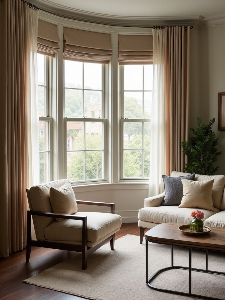 Living room interior with custom window treatments, soft lighting, straight perspective, wide angle.