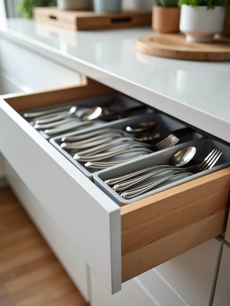 An open kitchen drawer with a neatly organized cutlery tray insert and silverware.