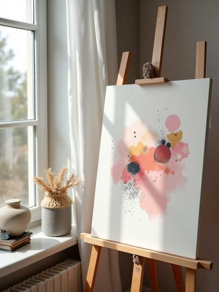DIY abstract art piece on a bedroom easel
