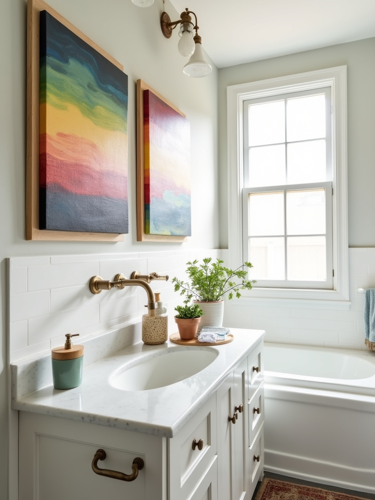 DIY painted canvases hanging above the sink in a bright bathroom.