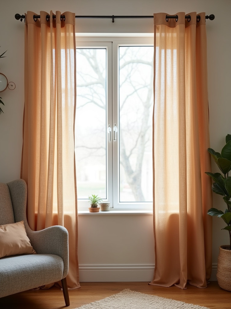 Living room with DIY unique window curtains.
