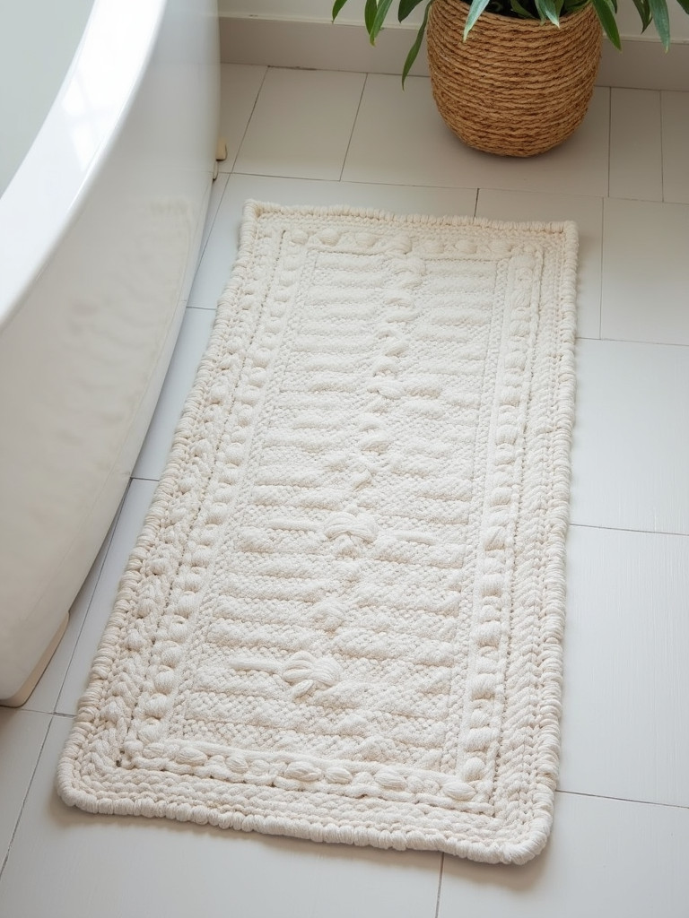 A unique DIY bath mat made from repurposed fabric, placed on the bathroom floor.