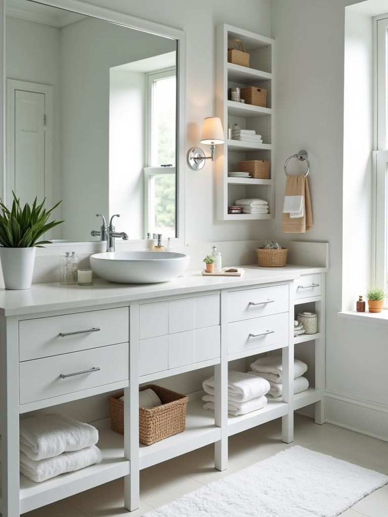 A clean and clutter-free bathroom vanity with neatly organized storage solutions.
