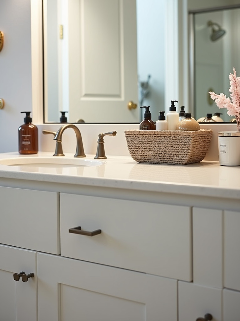 An organized bathroom vanity with storage containers