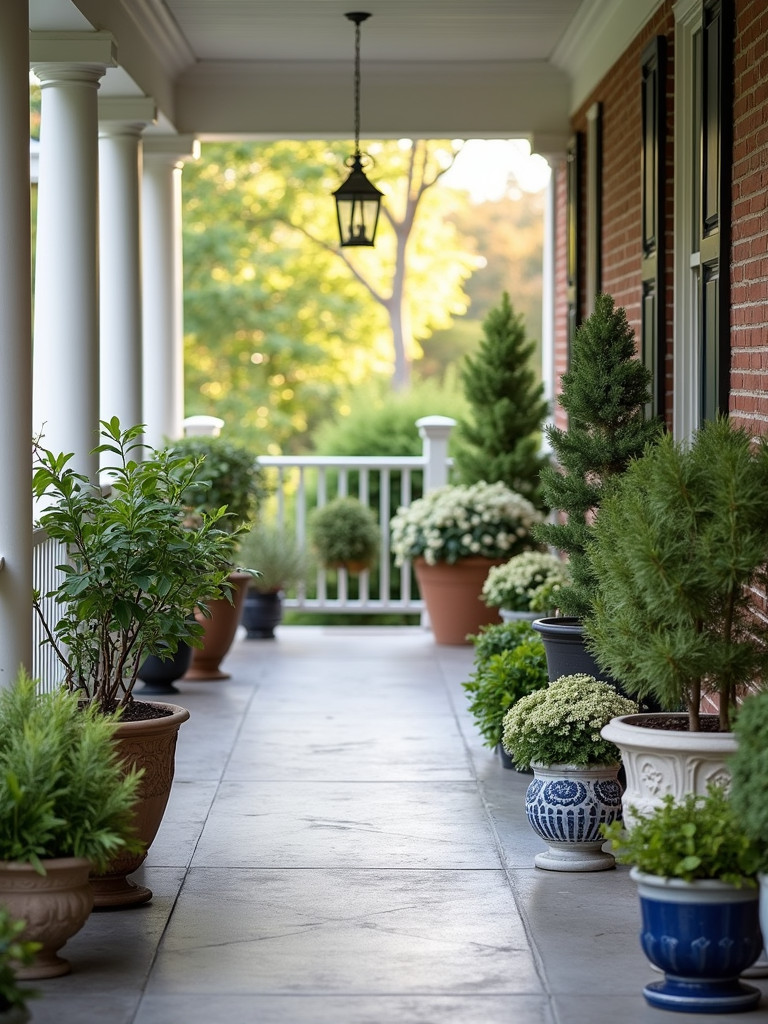 A back porch decorated with various decorative planters and soft natural daylight.