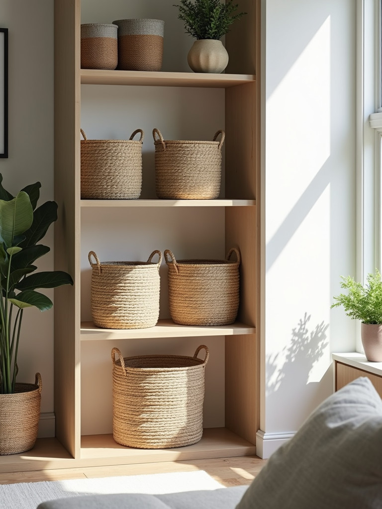 A minimal shelving unit featuring textured storage baskets with everyday objects stored inside