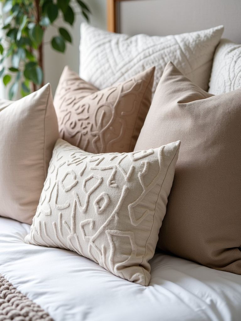 A close-up of a bed with various decorative throw pillows in different textures and patterns