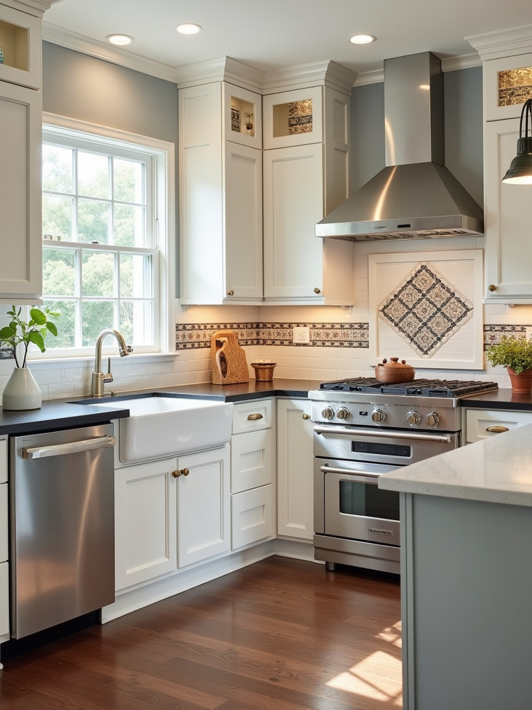 A traditional kitchen featuring decorative tile accents within the backsplash, adding a unique and personalized design element