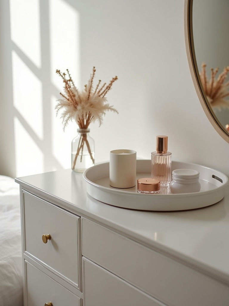 A minimalist bedroom featuring a decorative tray on a dresser with a few small items such as a small candle and perfume, softly lit with even lighting