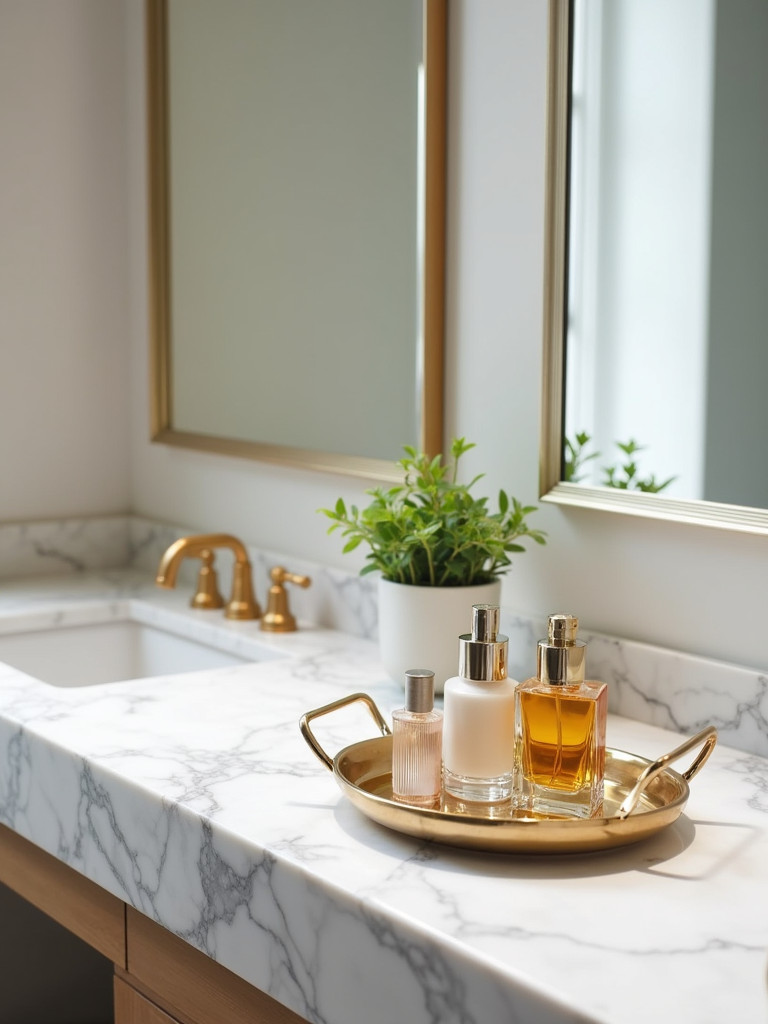 A decorative tray with toiletries on a modern bathroom counter