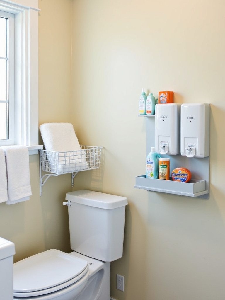 A well-organized detergent dispenser station in a functional and stylish laundry bathroom.