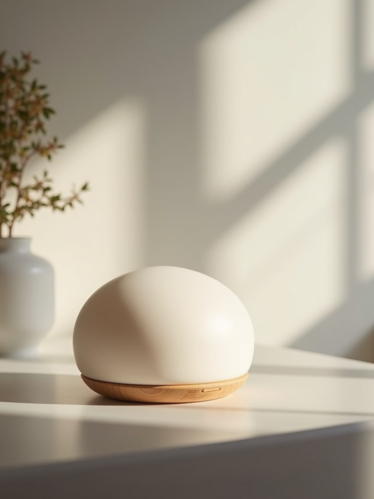 A minimalist bedroom featuring a simple diffuser on a bedside table, softly lit with natural light, with a bed visible behind it