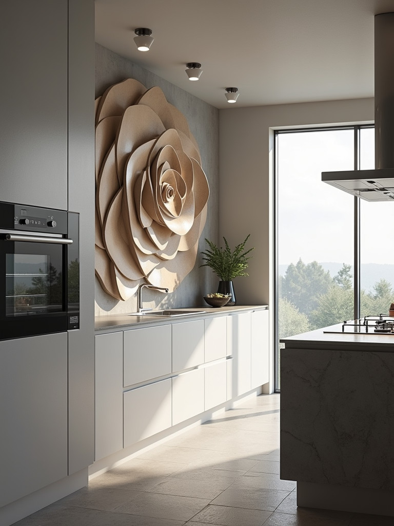 Modern kitchen with a large 3D wall sculpture