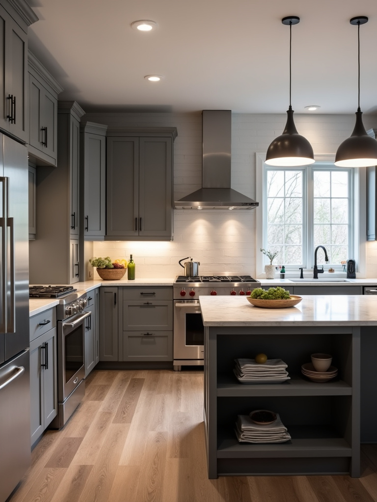 Contemporary kitchen with dimmable LED lights above a kitchen island and along open shelves.