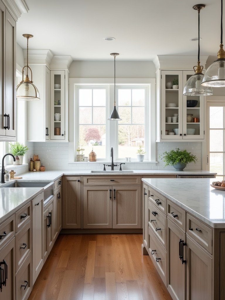 Farmhouse kitchen with distressed wood lower cabinets, marble countertops and a kitchen island