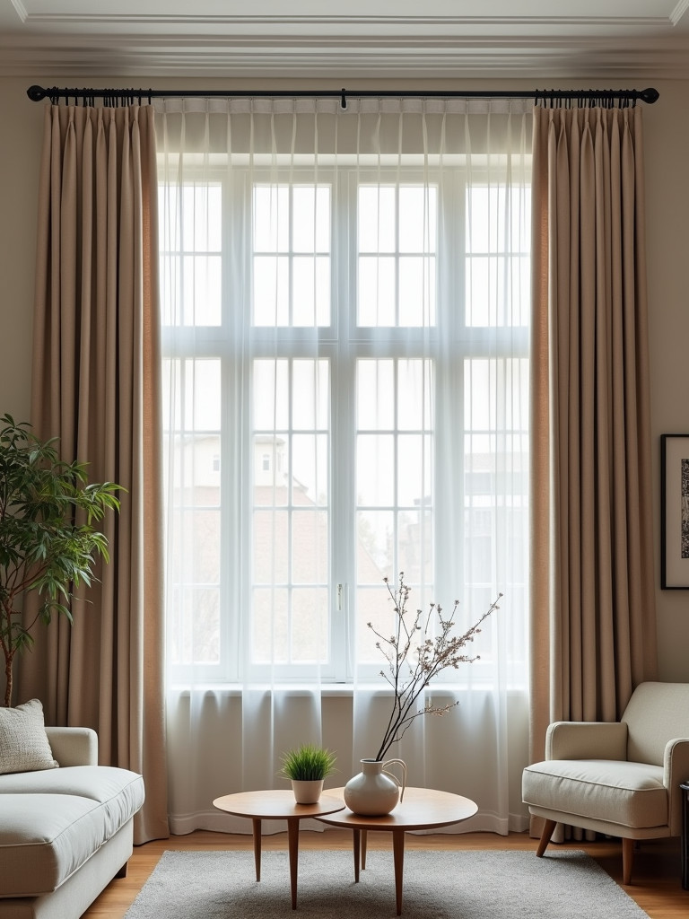 A living room with large windows and elegant floor-length curtains