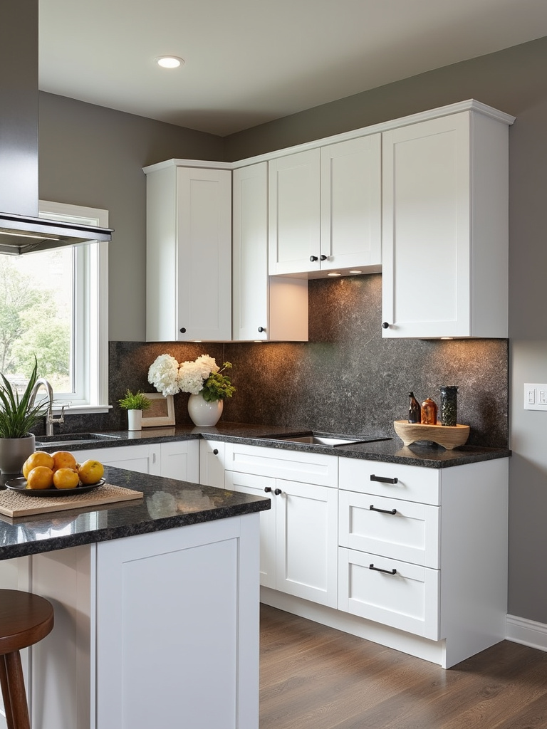 A modern kitchen with white cabinets and dramatic dark quartzite countertops.