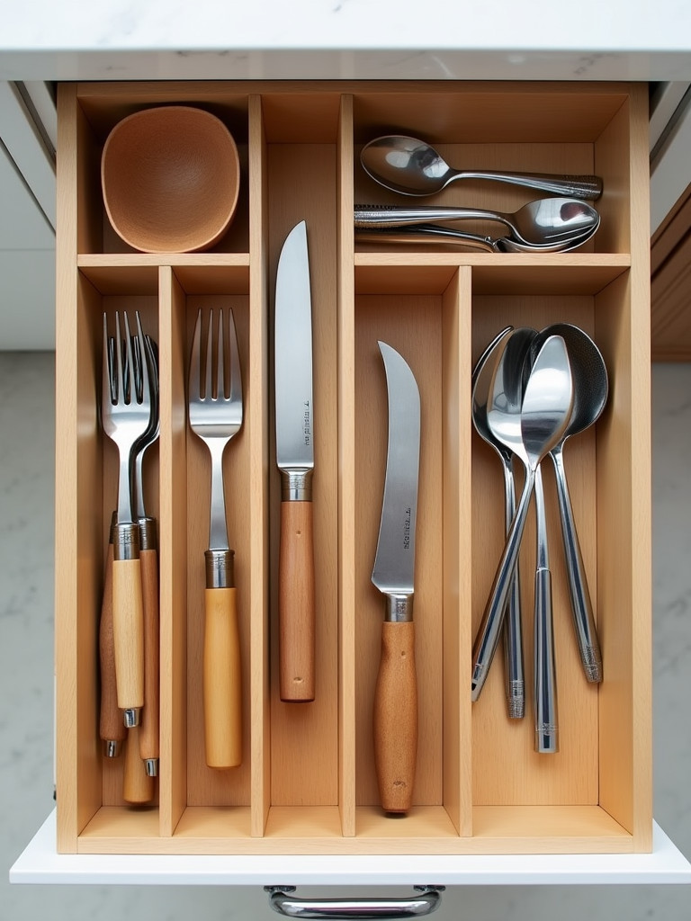 An open kitchen drawer with dividers, neatly organizing various utensils and tools