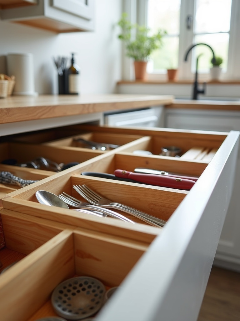 An open kitchen drawer with custom wooden dividers neatly organizing utensils.