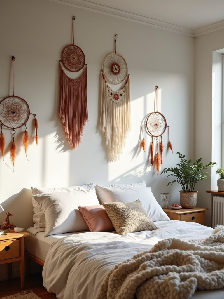 Cozy bedroom with macrame dream catchers hanging above a bed