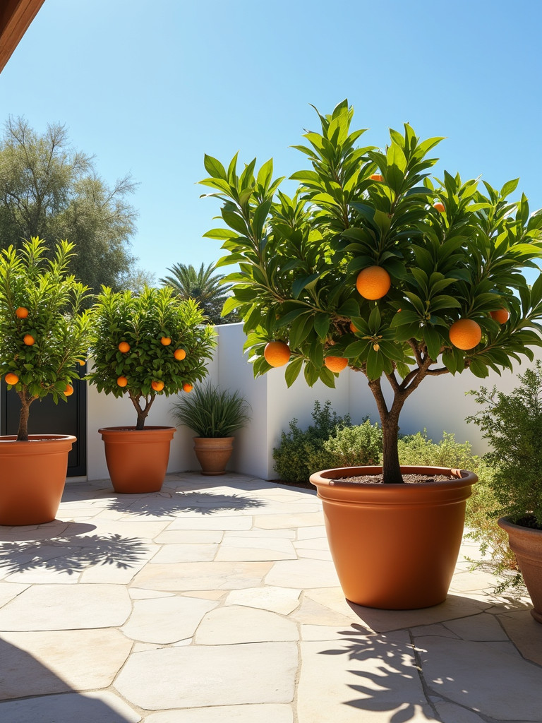 A sunny patio with dwarf citrus trees in terracotta pots under bright, natural light