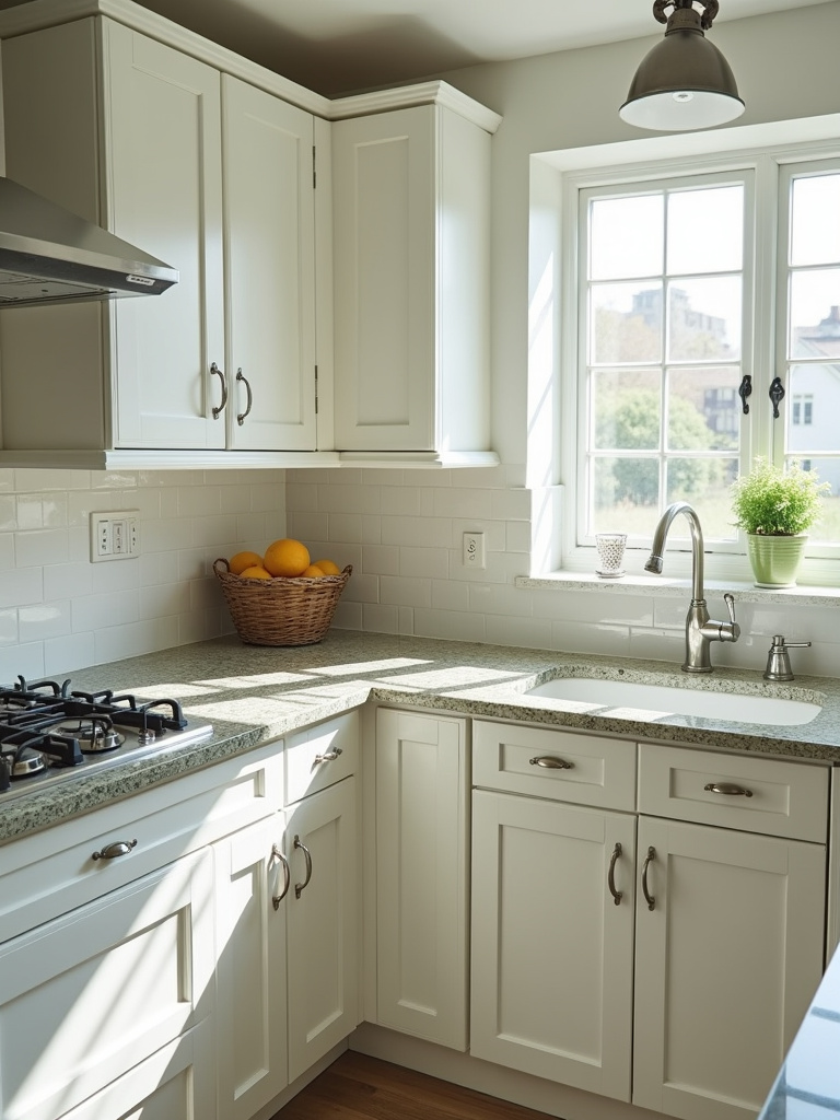 A kitchen with white cabinets and earthy green granite countertops.