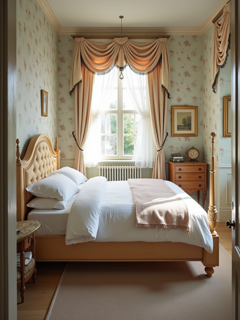 A full Edwardian bedroom with a light wooden bed, floral wallpaper, and antique accents.