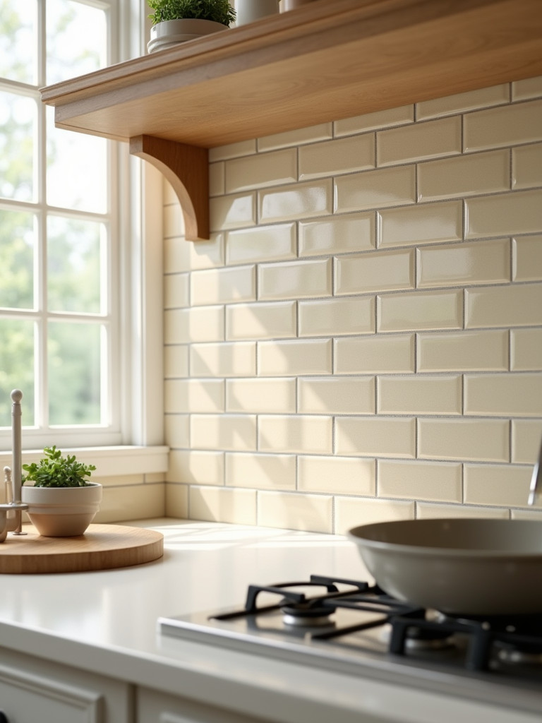 A traditional kitchen showcasing a classic ceramic tile backsplash in a warm cream color, with a section of the countertop and cabinetry