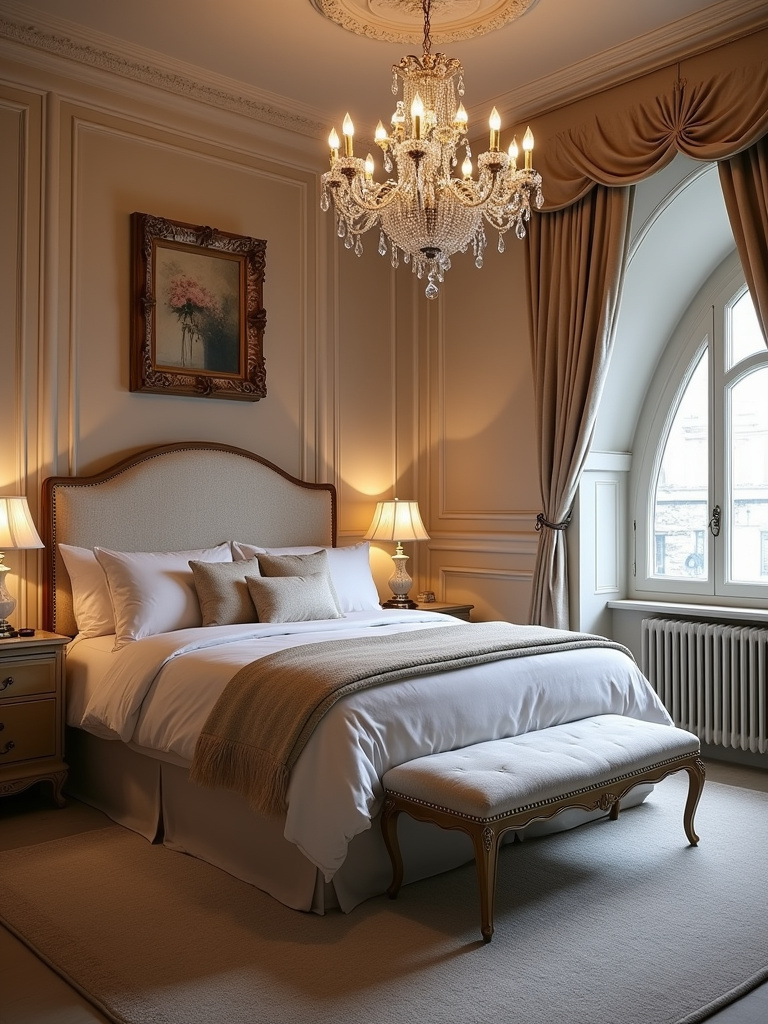 A sophisticated attic bedroom with elegant furniture and luxurious finishes.