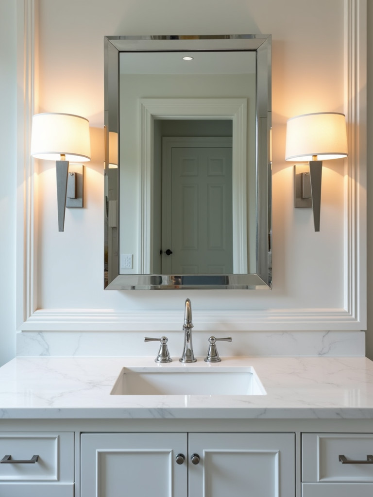 Elegant chrome sconces on either side of a bathroom mirror