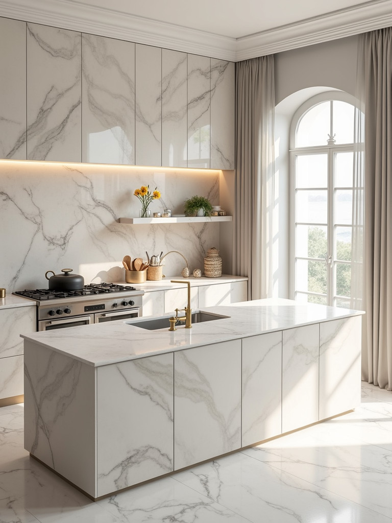 Elegant kitchen bar featuring a light-colored marble countertop and gold accents.