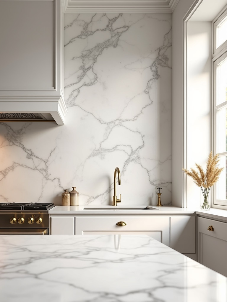 A luxurious kitchen featuring a white marble slab backsplash and gold fixtures