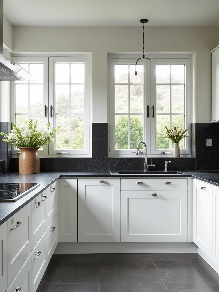 A luxurious kitchen showcasing white cabinets and elegant soapstone countertops.