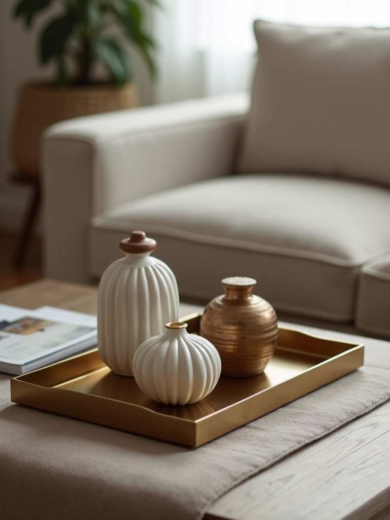Styled coffee table with brass tray showing decorative items, soft light, above angled shot.