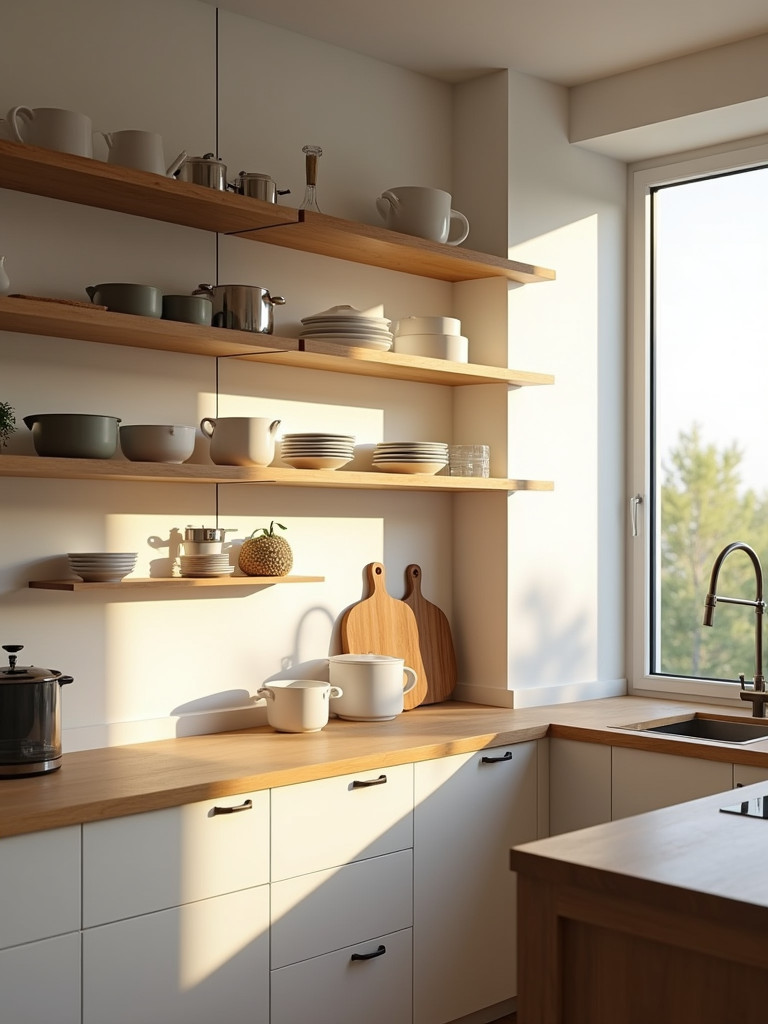 A modern kitchen with stylish open wooden shelving, featuring a range of neatly arranged dishware