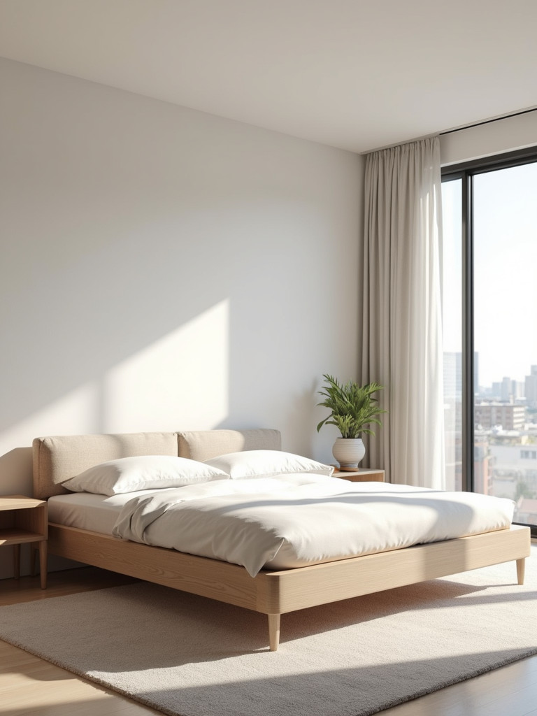 A minimalist master bedroom featuring a low profile bed, simple side tables, and ample natural light