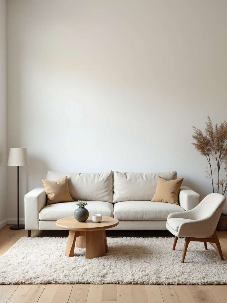 A minimalist living room with a neutral color scheme and simple furnishings
