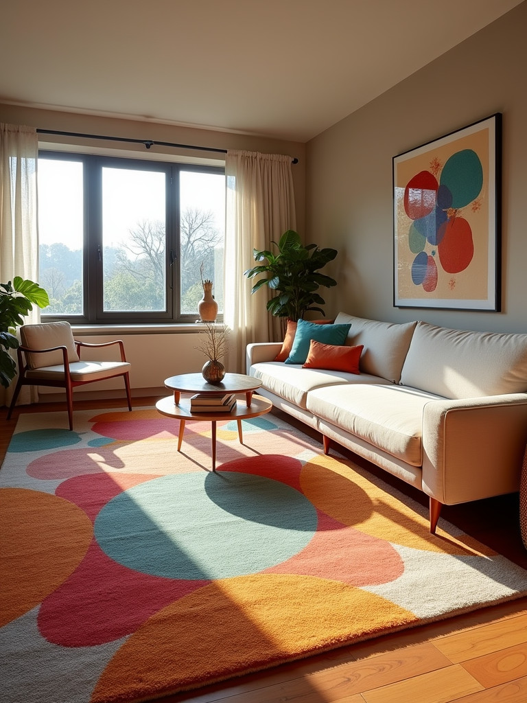 A modern living room featuring a large, vibrant geometric rug