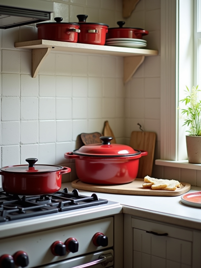 Enameled cast iron cookware displayed in a small cottage kitchen, with soft, natural lighting.