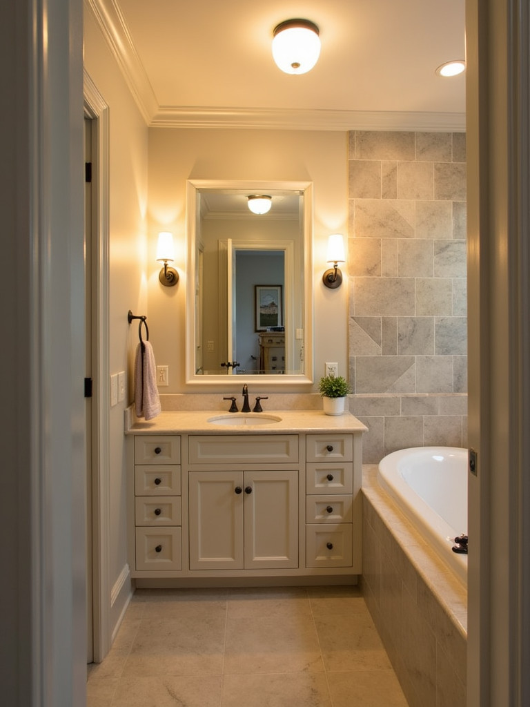 A well-lit bathroom with sconces by the mirror and soft overhead lighting, creating a relaxing atmosphere.