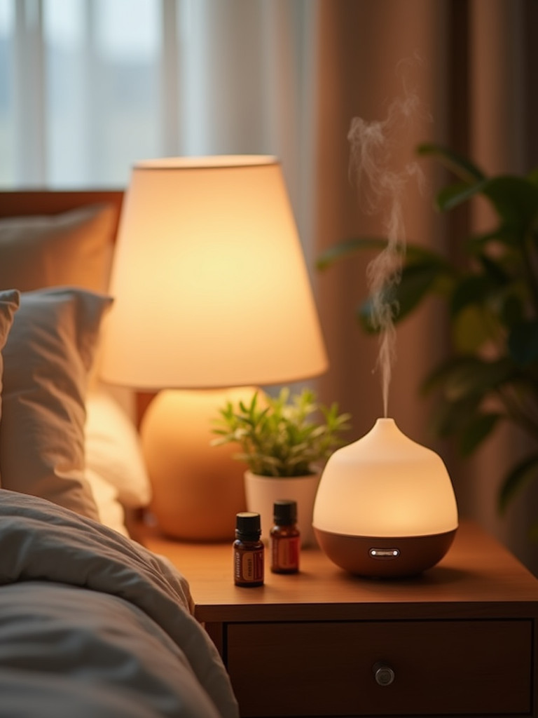 A cozy bedroom featuring an essential oil diffuser on a bedside table, creating a relaxing ambiance.