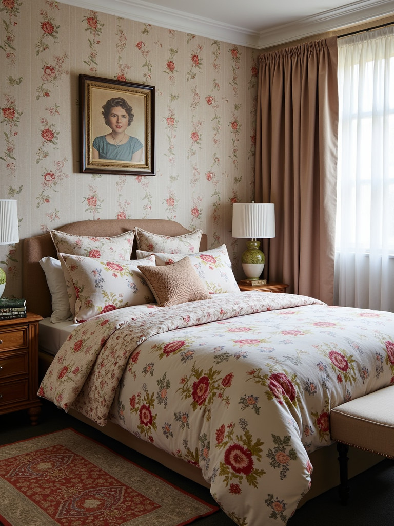 A bedroom with a mix of patterns in bedding and curtains
